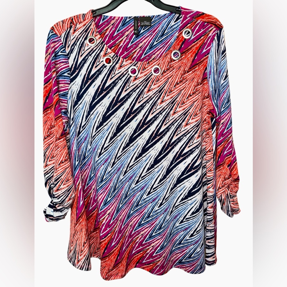 New Directions 3/4 Ruched Sleeve Multicolor Blouse, Size Medium